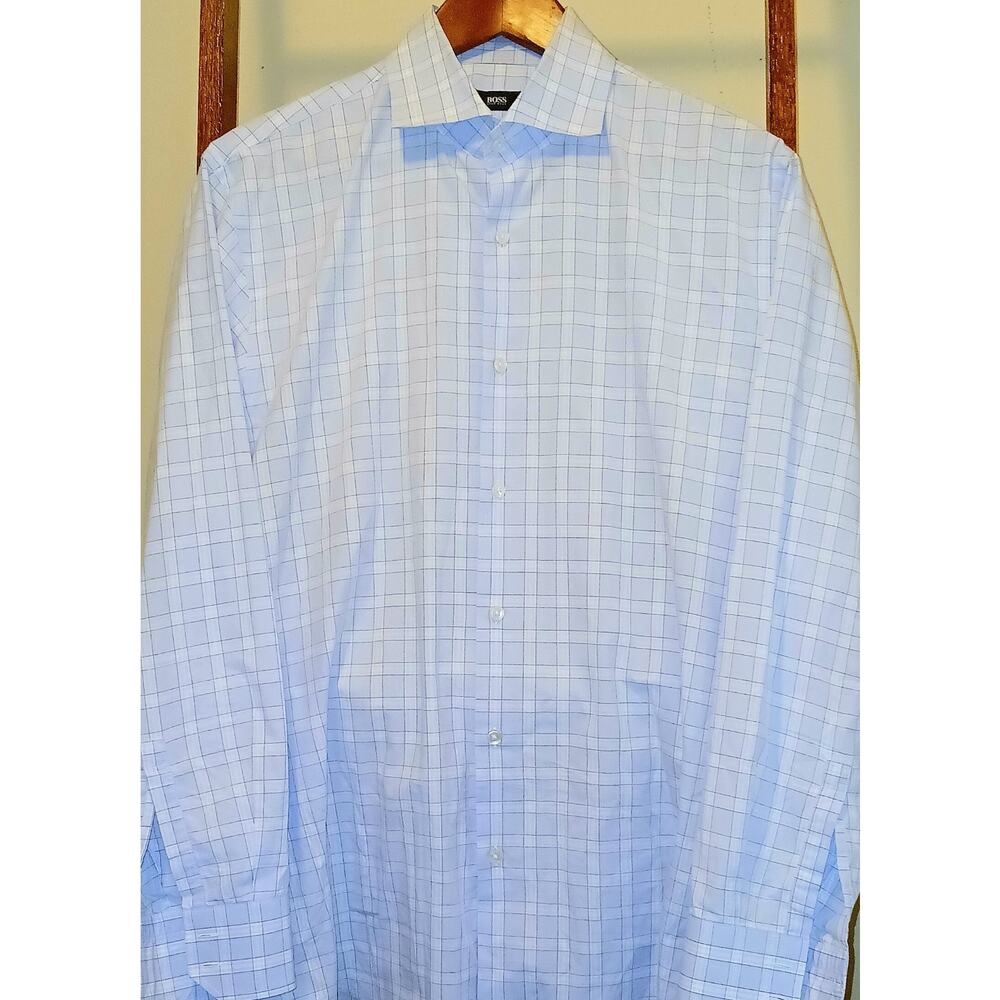 Hugo Boss Shirt Men's Size 16 32/33 Blue Check Sharp Fit Long Sleeve Button Up